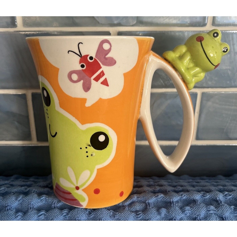 INDRA Fine Stoneware Handpainted Frog Handle Spring Coffee Tea Mug‎ Cup 4.5"